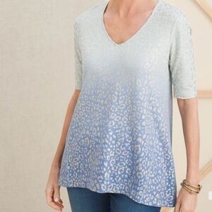 Chico’s Ombré Blue Green Leopard Foil Print Short Sleeve Womans Top Size 3 XL 16